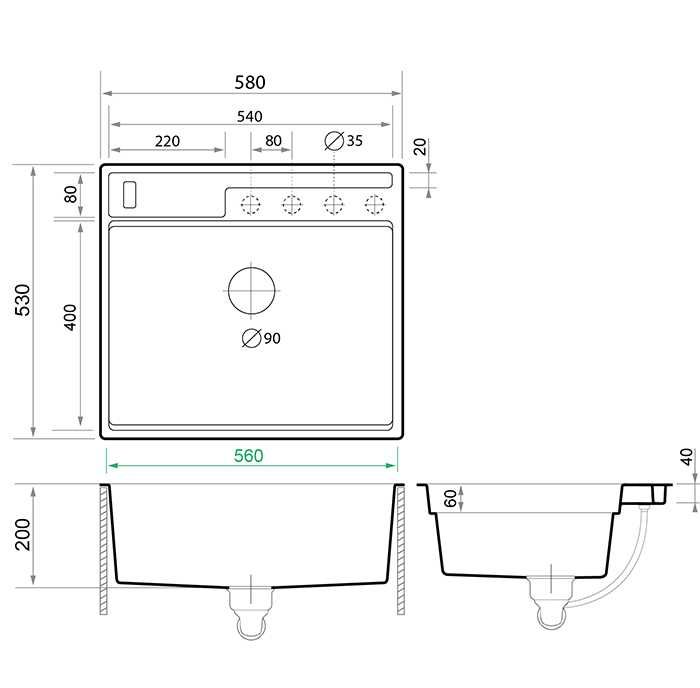 NEW 2023 Кухненска Мивка от гранит модел Осло 60 Премиум 580 x 530 TOP