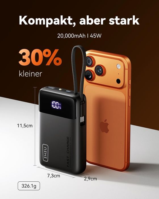 Power Bank INIU 20000mAh 45W, USB-C, cablu integrat, display LED