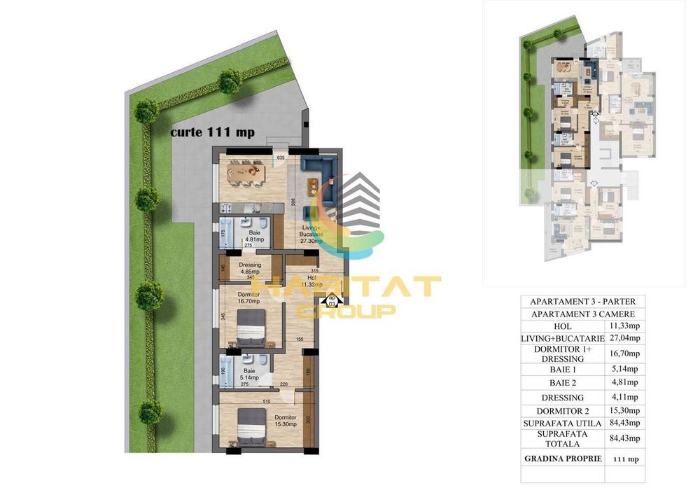 Apartament 3 camere + curte proprie 111mp - langa parc