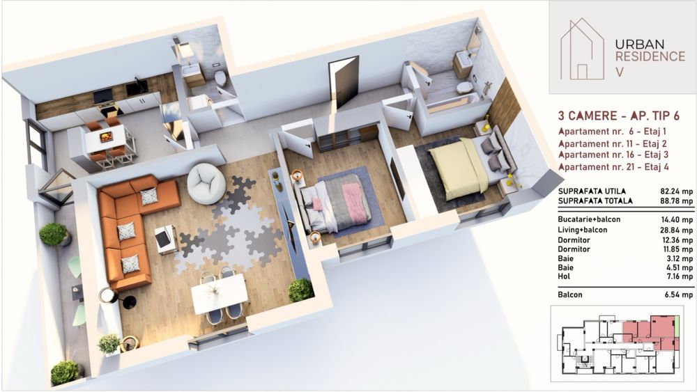 Apartament 3 camere bloc nou cu lift centrul orasului Urban Residence