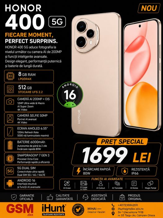 Honor 400 5G, 8/512 GB, Sigilat, Garanție
