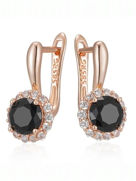 Круглые позолоченные 585RG серьги с черным церконием для женщин