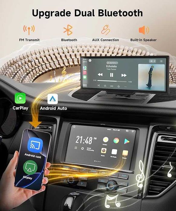 Безжично Carplay Android Auto екран 10.26 инча преносимо автомобилно стерео, Hodozzy HD
