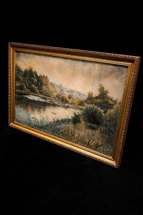 Pictură in ulei – peisaj lacustru, ulei pe pânză, secolul XX