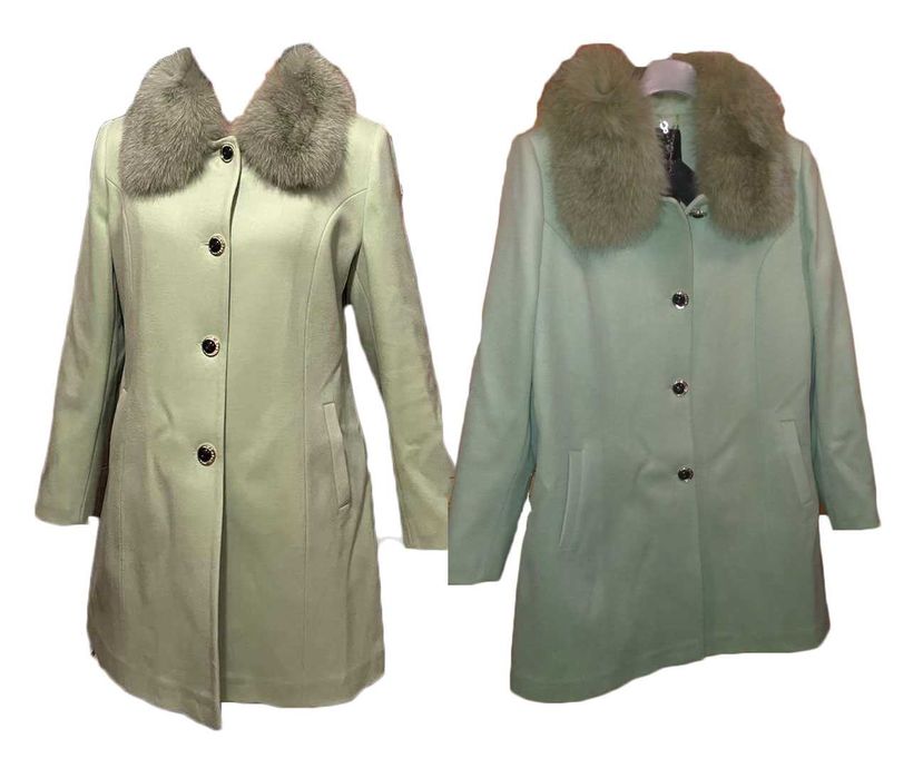 Палто от кашмир с яка от естествен косъм в цвят светло зелен