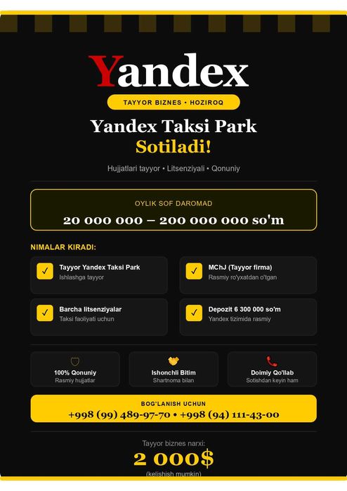 Tayyor yangi Yandex taksi park sotiladi Biznesingizni bugunoq boshlang