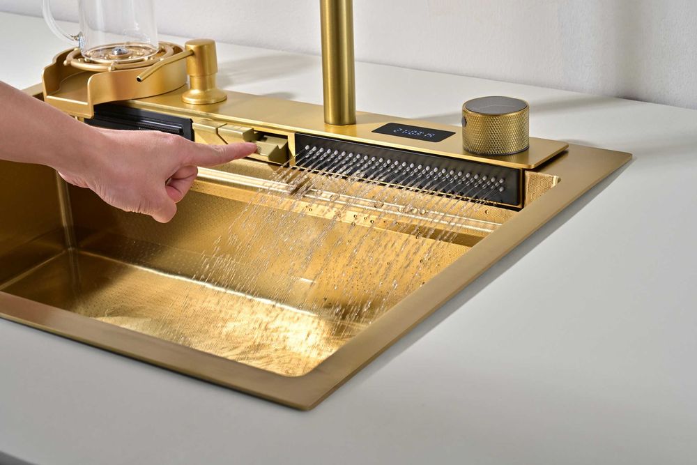 60см Златна мултифункционална кухненска мивка с двоен водопад