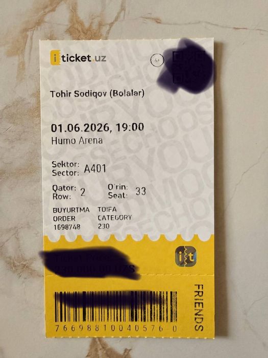 Toxir Sodiqovga  ikkita yonma-yon bilet sotiladi narxi 550 ming sum