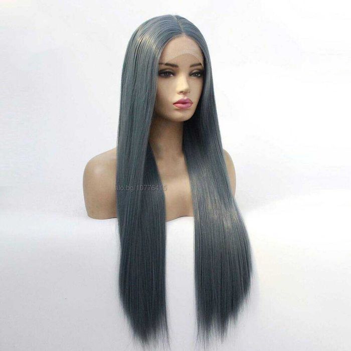 Модерна синьо-сива права перука - 80 см с лейс фронт 13×4