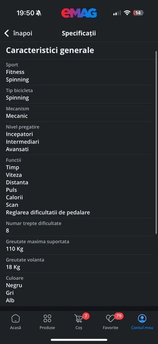 Bicicleta spinning KONDITION SP-3018N, volanta 18 kg