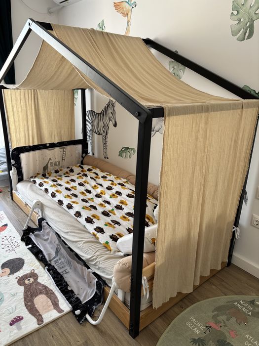 Pat tip casa cu somiera si saltea incluse 90x200