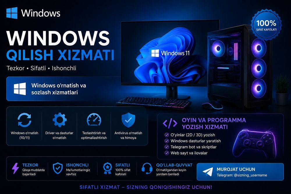 Windows dastur oyinlar ornatib beramiz