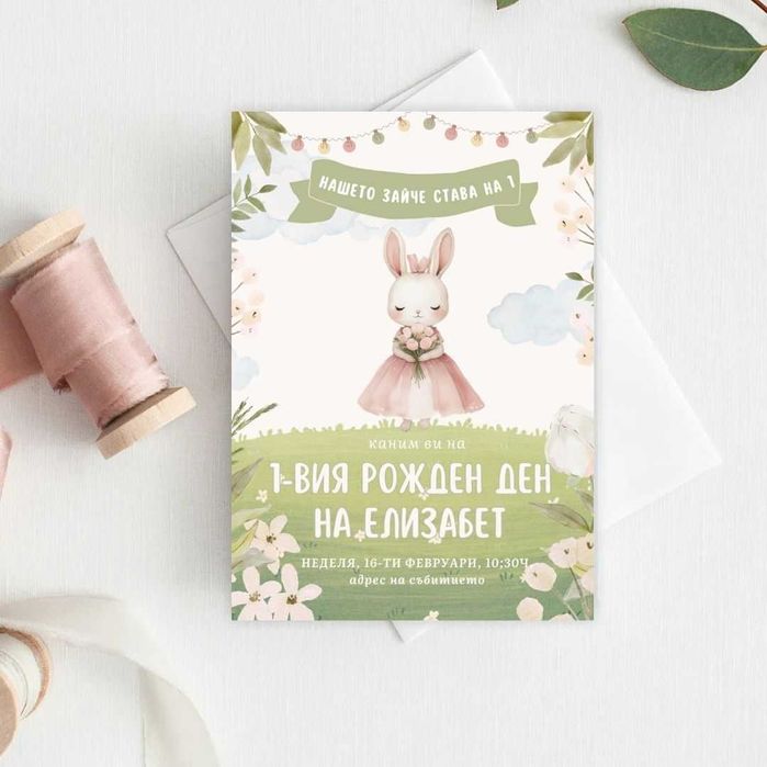 Дигитална покана за детски рожден ден със Зайче