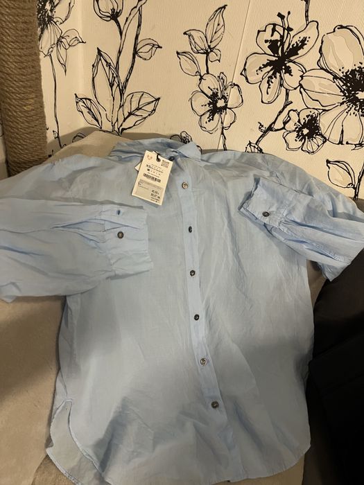 ZARA, синя дамска ленена риза, размер:Xs