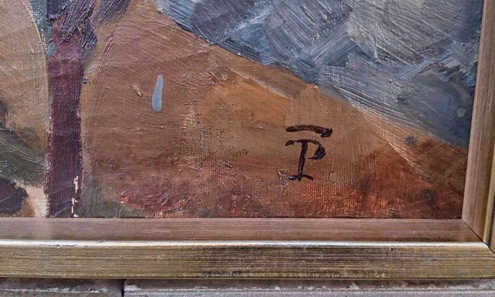 Tablou vechi - peisaj pe malul apei - semnat TP ( Pallady)