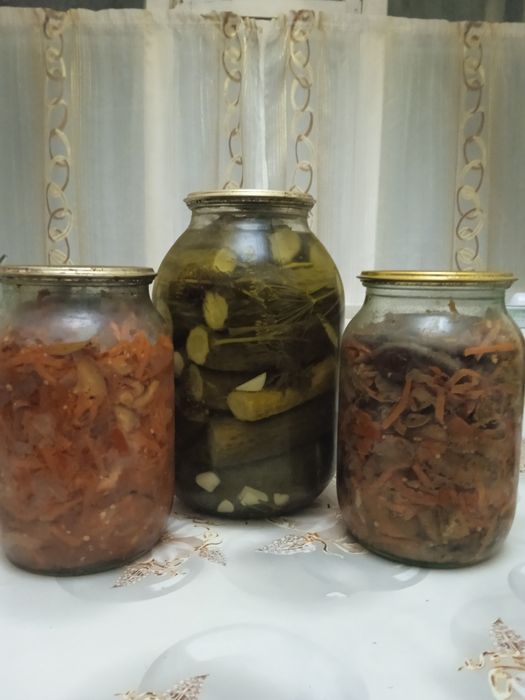 Соленья : огурцы ,помидоры ,салаты .
