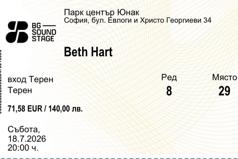 Продавам билети за концерт на Beth Hart