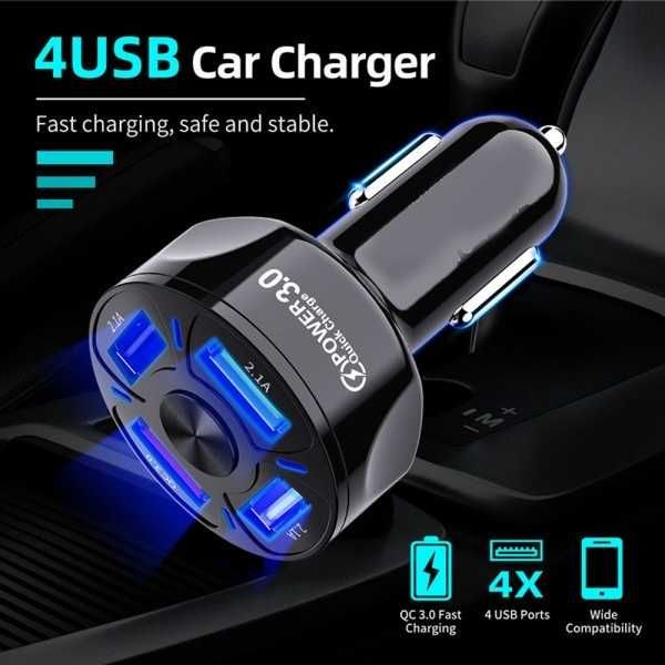 Универсално USB зарядно за кола с 4 порта 12V-24V Quick Charge 3