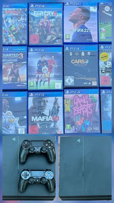 Sony PS4, 500GB, model CUH-1116A, 2 manete de joc, 22 de jocuri diferite + cablu de alimentare şi cablu usb pentru manetele de joc