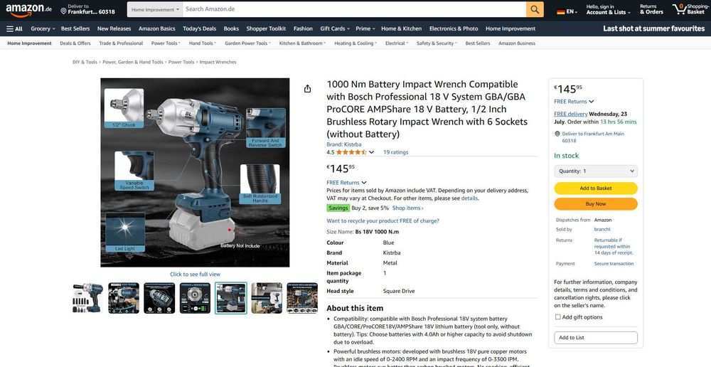 Impact brushless 1000 Nm, pt bateri BOSCH GBA, REDUS de la 725RON