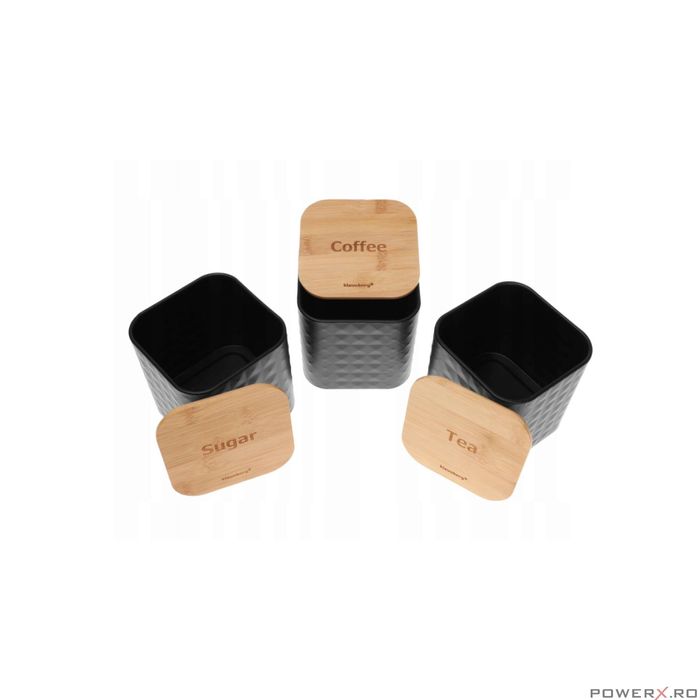 Set 3 recipiente pentru bucatarie, inox-bambus, negru cu irizatii,