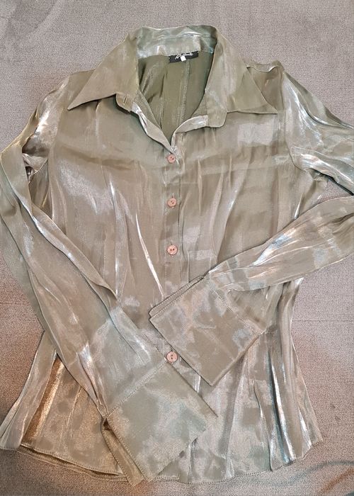 Camasa din lamé, aspect metalizat, gri/verde-olive, mâneca lunga