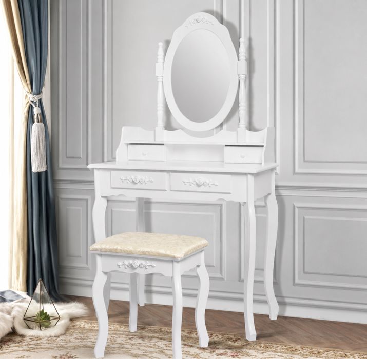 Masa de toaleta 75x140x40 cm în alb cu oglinda, 4 sertare si taburet ML-Design, nou