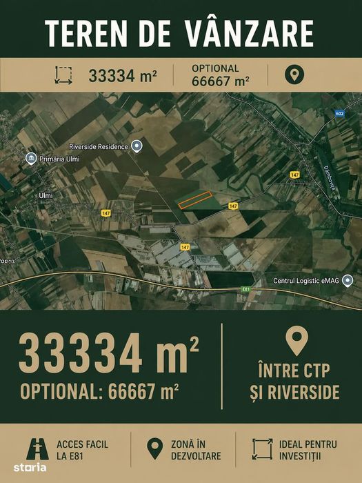 TEREN DE VÂNZARE ÎN ULMI, GIURGIU, A1 -
KM 23 / 33.334 m2 / 66.667 m2