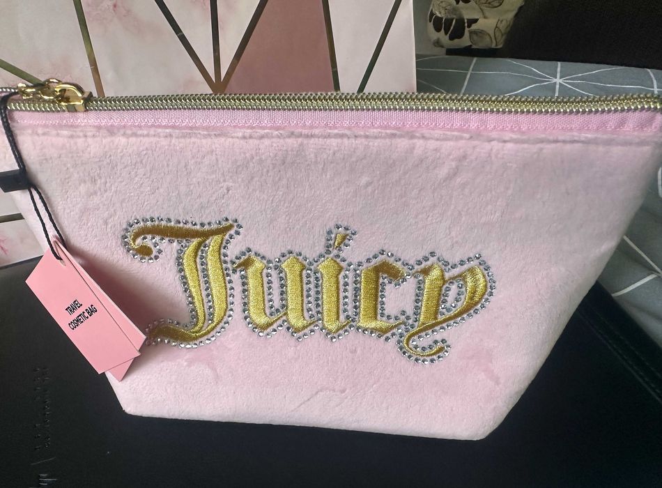 JUICY COUTURE Розова Златна Бродерия и Кристали Велурена Козметична Чанта/Несесер Средна НОВА с Етикет