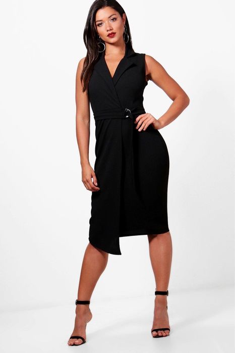 Rochie nouă, cu etichetă BOOHOO, de seară, neagră, midi, curea, 36