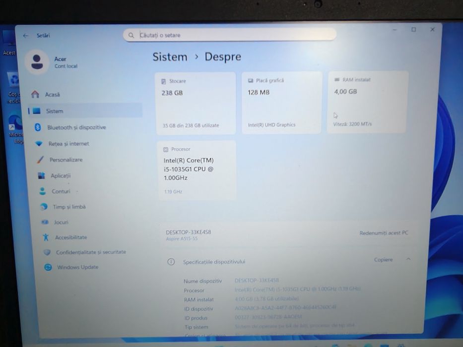 Laptop Acer i5 gen 10 / 4 GB RAM / Ssd  256 gb