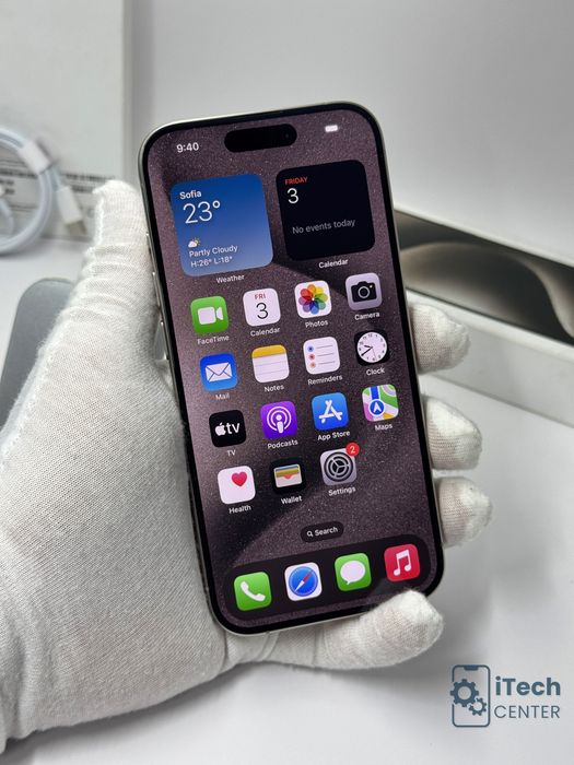iPhone 15 Pro, 256GB, Natural Titanium, 100% батерия, КАТО НОВ, 1г. ГАРАНЦИЯ!