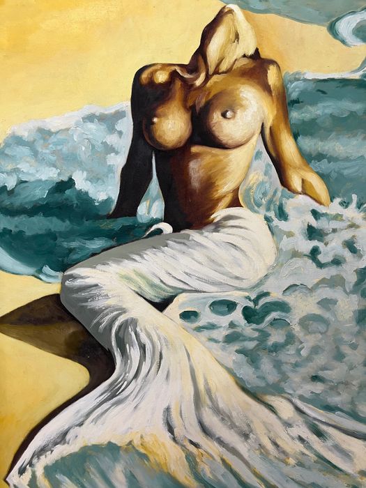 Русалка на брега на морето с маслени бои