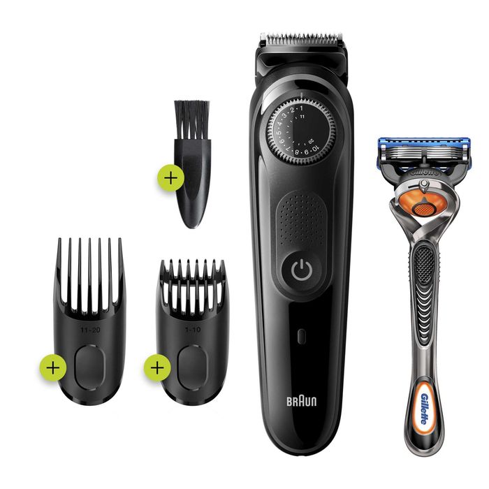 Aparat de tuns barba Braun Beard Trimmer BT3242 Wet&Dry, buton rotativ de precizie, 2 piepteni, Aparat de ras Gillette, Negru/Albastru - Braun