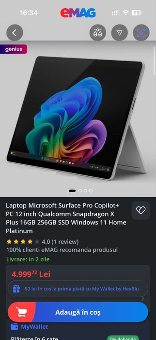 Tableta Microsoft Surface 12 Pro Copilot+ PC 12 inch Qualcomm Snapdragon X Plus 16GB 256GB SSD Windows 11 Home Platinum