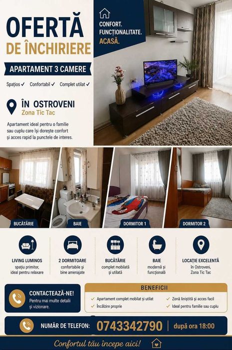 Proprietar, ofer spre închiriere apartament 3 camere