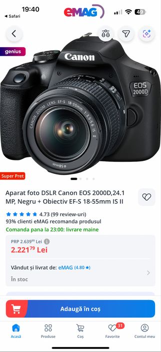 Aparat foto canon eos 2000d NOU