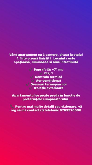 Vând apartament 3 camere