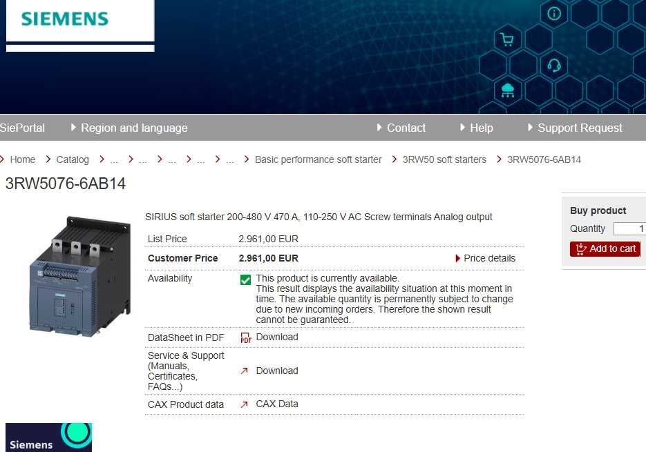 Плавный пускатель Siemens Sirius 3RW5076-6AB14 — новый, в коробке
