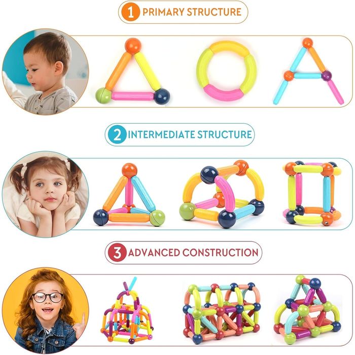 Set Magnetic cu Bete si Bile, 64 de Piese, Constructii 2D si 3D