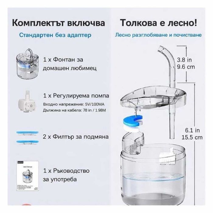 Автоматичен електрически фонтан с функция диспенсър за вода, за домашни любимци