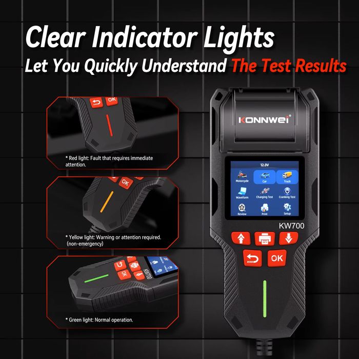 KONNWEI KW700 - Analizor / Tester BATERIE Auto 12V / 24V PROFESIONAL cu IMPRIMANTA integrata, Rating 10-2000 CCA, Capacitate 5-220 Ah - NOU / SIGILAT