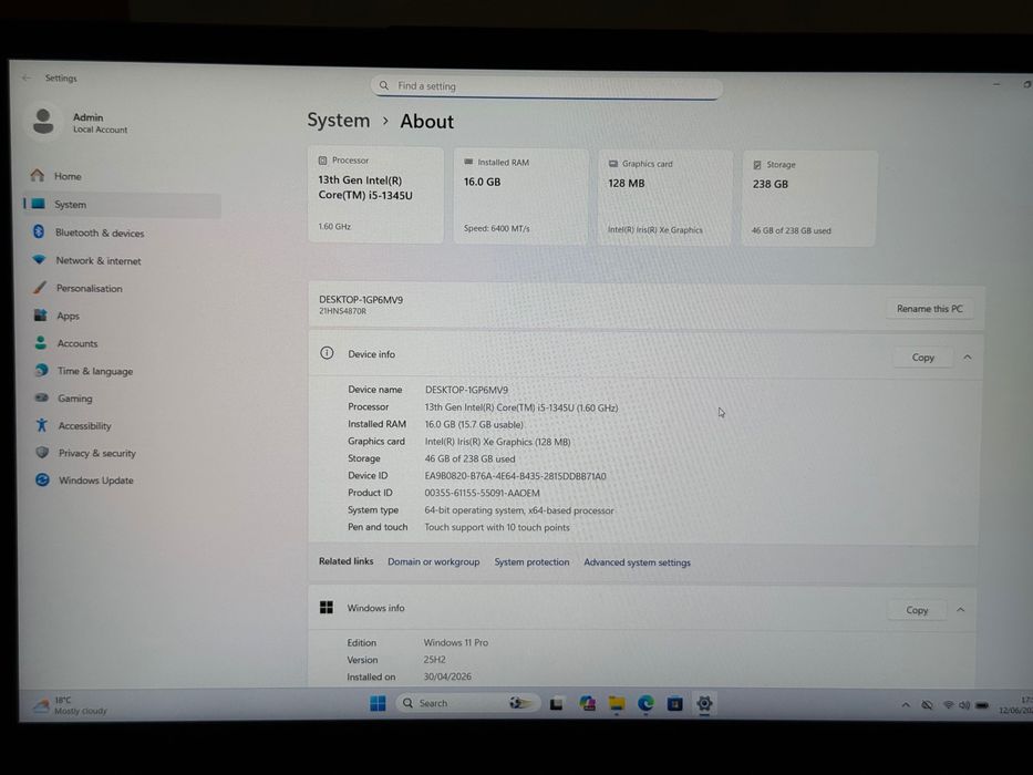Чисто Нов Лаптоп 14’FHD+IPS Touch Lenovo Thinkpad X1 Carbon Gen11 Core  i5-1345u 16GB LPDDR5 6400Mhz 256GB SSD Nvme