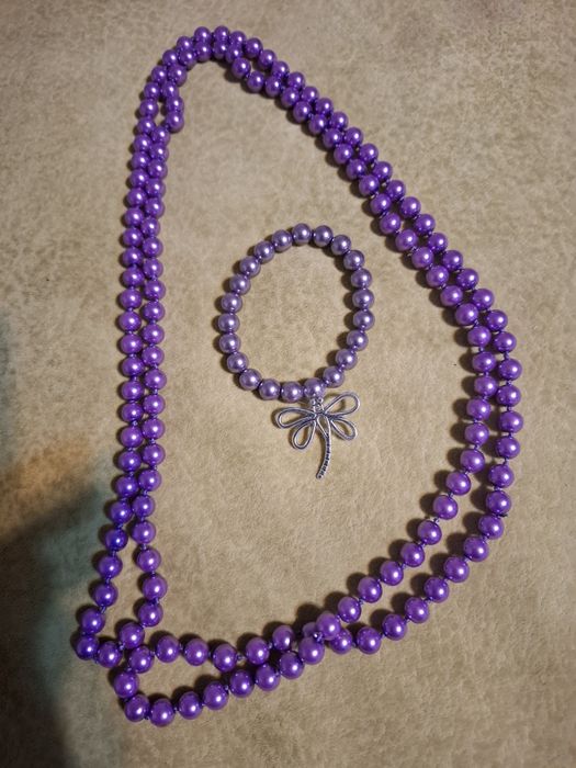 Set Colier 80 cm la dublu și brățară elastica perle mov