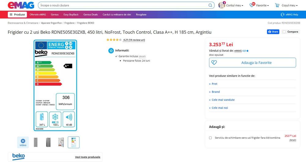 Vând Frigider Beko RDNE505E30ZXB, 450 litri, NoFrost, Touch Control