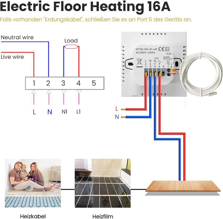 Termostat electric inteligent MIUCDA WT410-16A-W WiFi,încălzire electrica prin pardoseală,digital cameră,compatibil Alexa,Google Home Smart Life Tuya