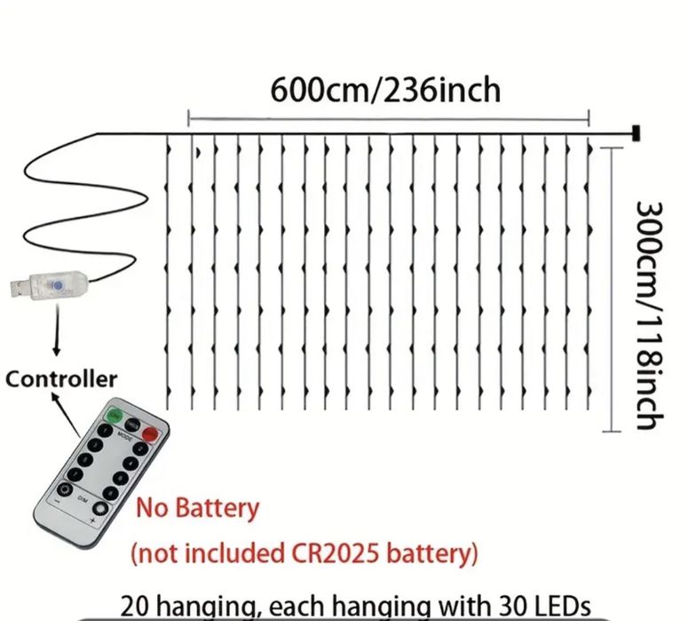 Светеща завеса 600 СИНИ led лампи 2х3м водоустойчива черен кабел
