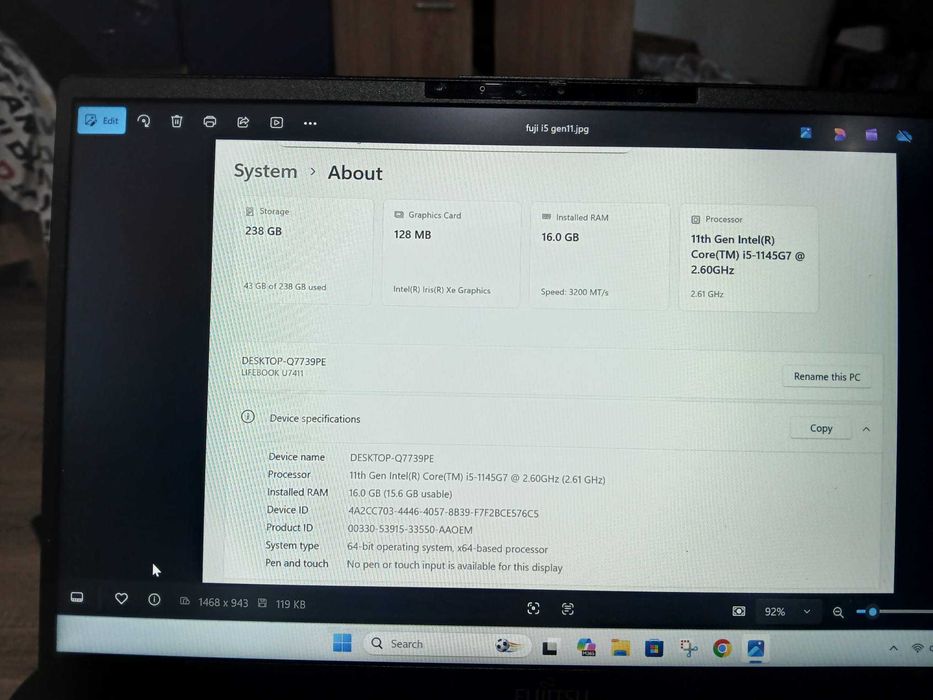 Laptop Ultrabook Fujitsu U7411 | Intel i5 vPro Gen 11 | 16GB RAM | Slot Cartelă SIM 4G | Geantă Cadou. Made in Japonia!