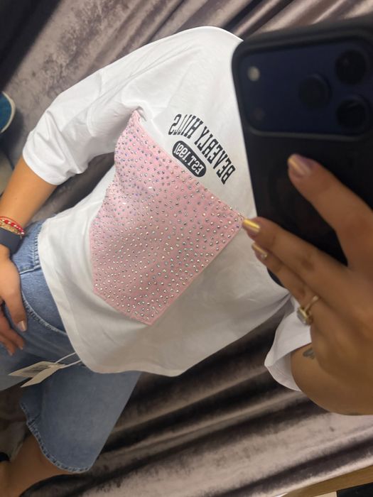 Tricou de dama nou cu pietre roz masura S M  L