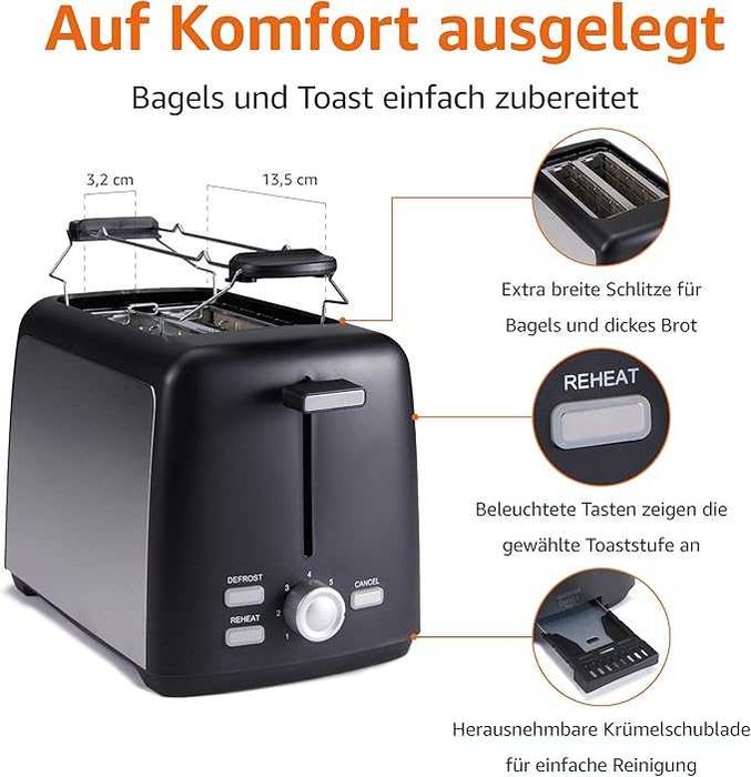 Тостер за 2 филии Amazon Basics със 7 нива на изпичане и подвижна тава за трохи, изключително широки отвори, 800 W, черен